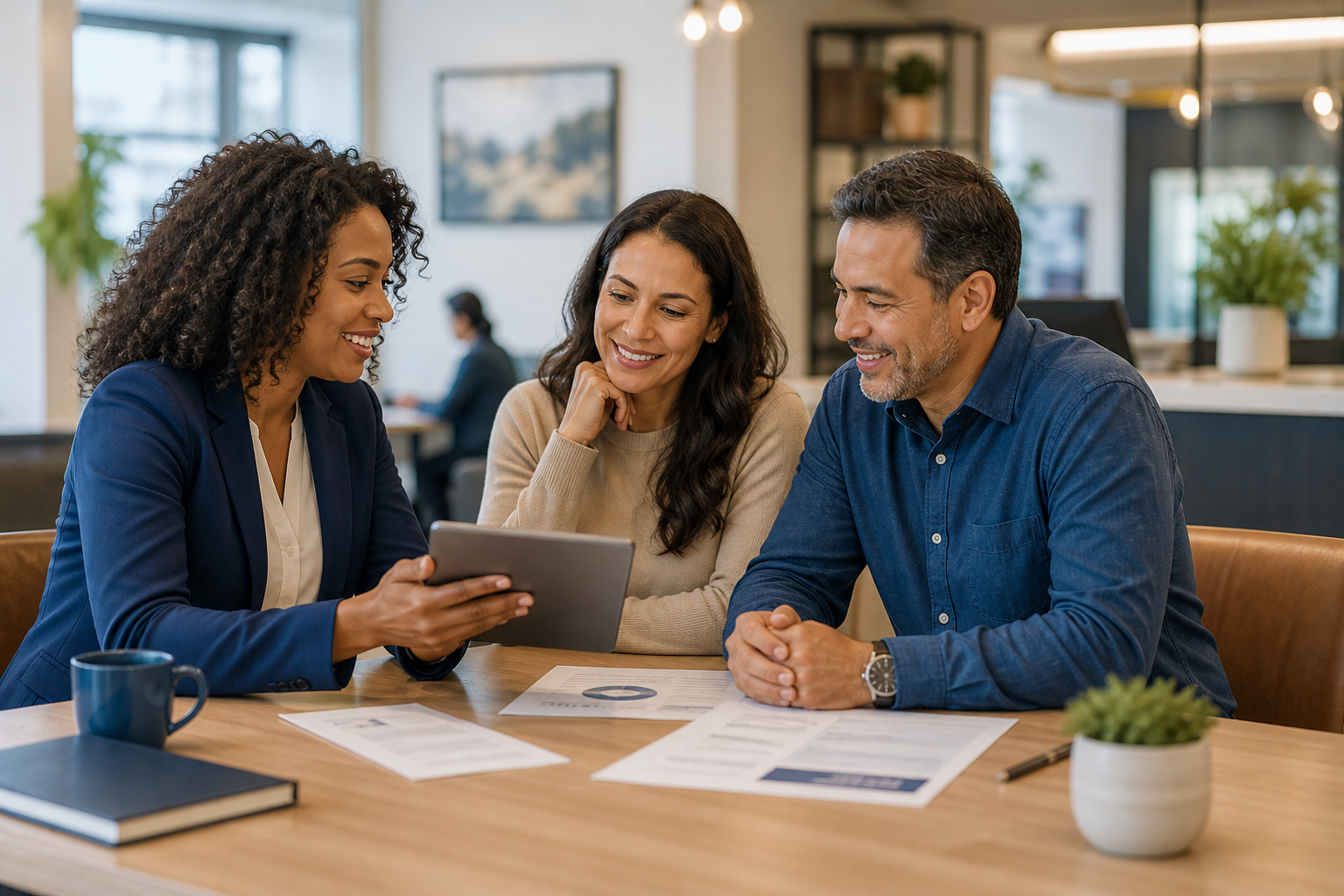 Couple reviewing financing goals with a professional guide